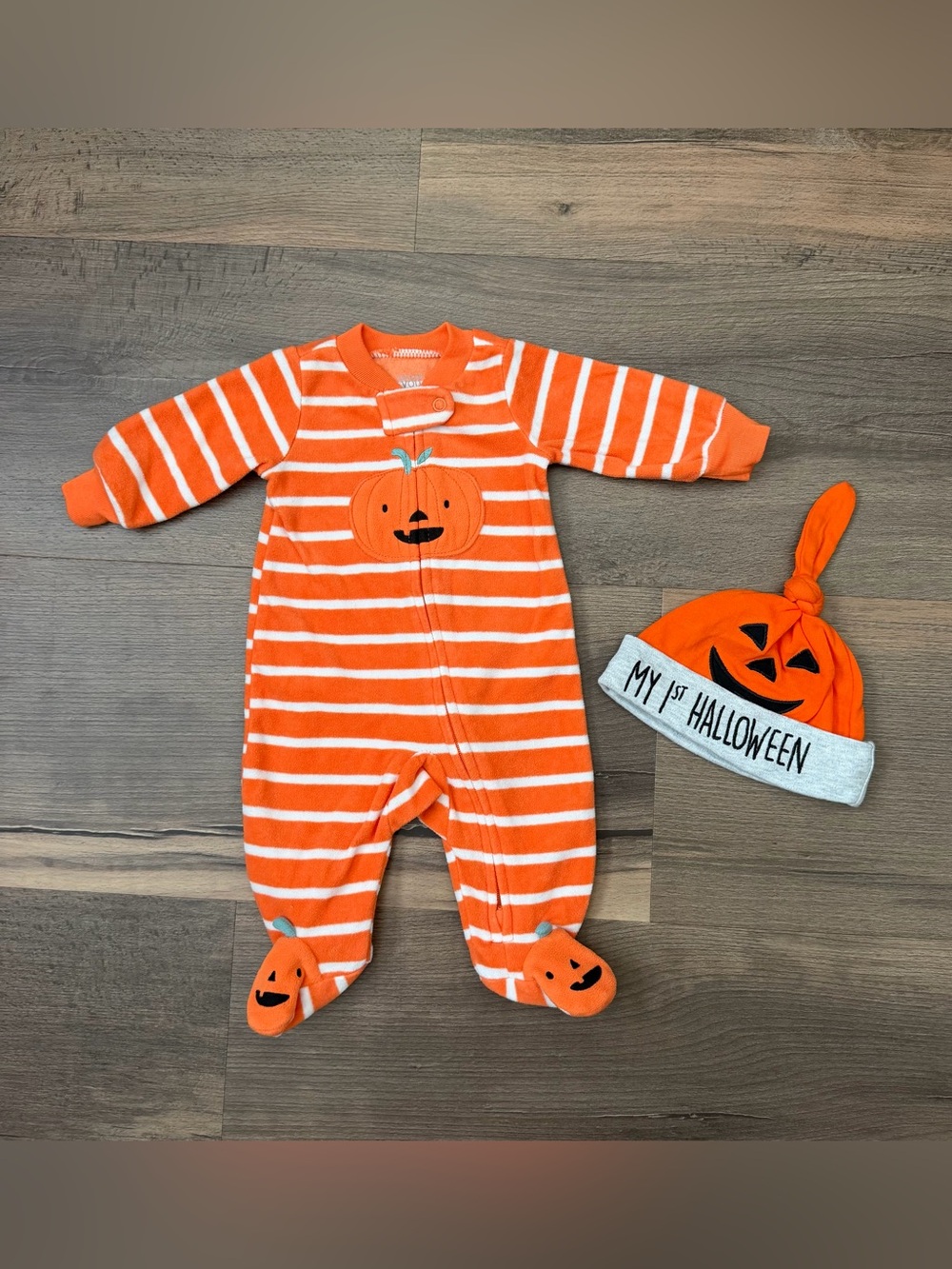 Carter's Newborn Striped Halloween Pumpkin Zip Footies & 1st Halloween Beanie